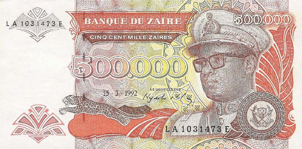 Zair 500 000 zair Generał 1992 P-43