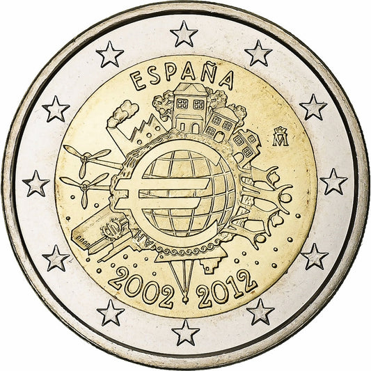 Hiszpan, 
  
  2 euro, 
  
  10 Jahre Euro-Bargeld