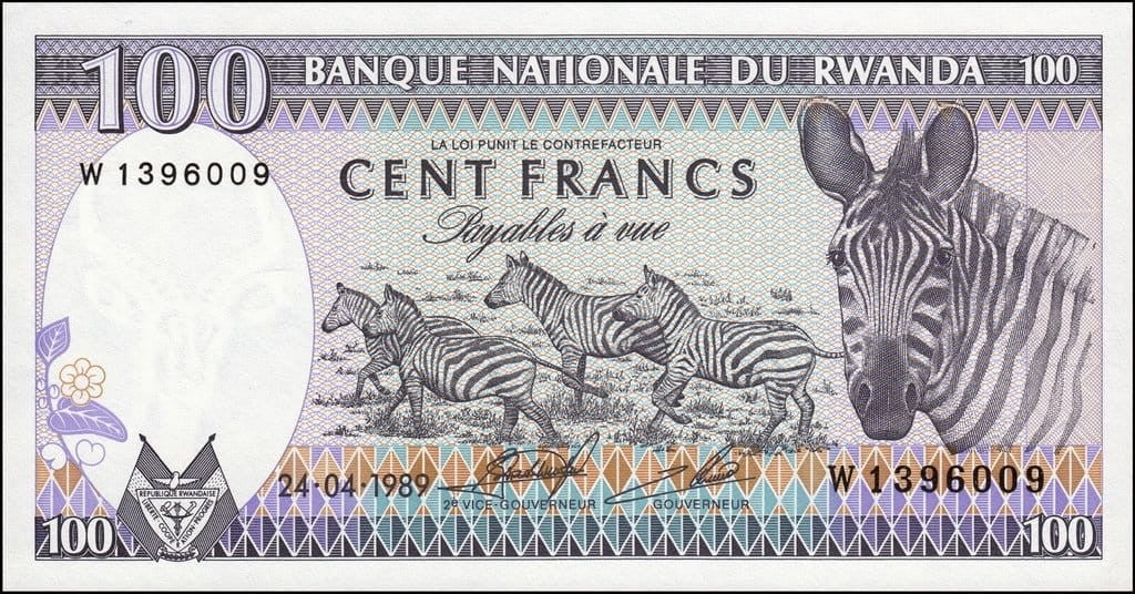 Rwanda 100 franków Zebry 1989 P-19