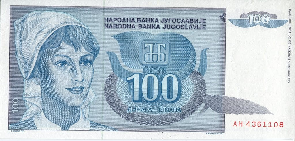 Jugosławia 100 dinarów Kobieta 1992 P-112