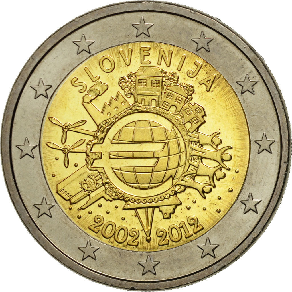 Słowenia, 
  
  2 euro, 
  
  10 Jahre Euro