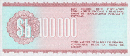 Boliwia 100 000 bolivanos Czek obiegowy 1984 P-188a