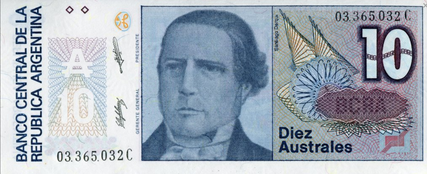 Argentyna 10 australes Santiago Derqu 1985+ P-325b