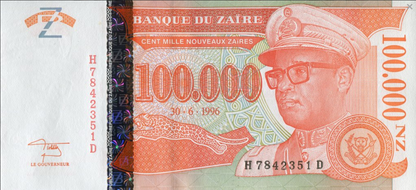 Zair 100 000 Nouveaux Zaires Generał 1996 P-77a
